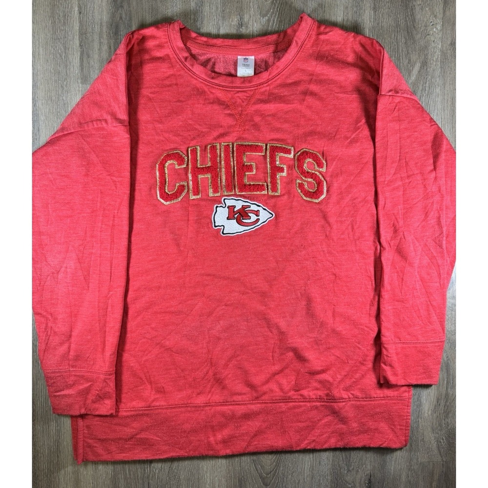 KC Chiefs Sweatshirt Womens Large Red Chenille Spellout Sleepwear Lounge NFL